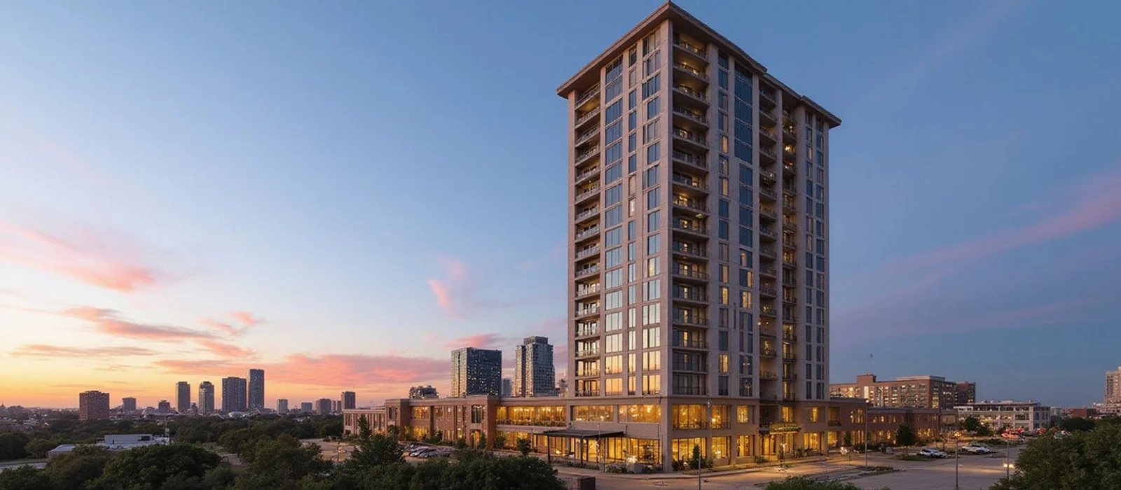 New mid-rise apartment building near the Downtown Fort Worth skyline at golden hour