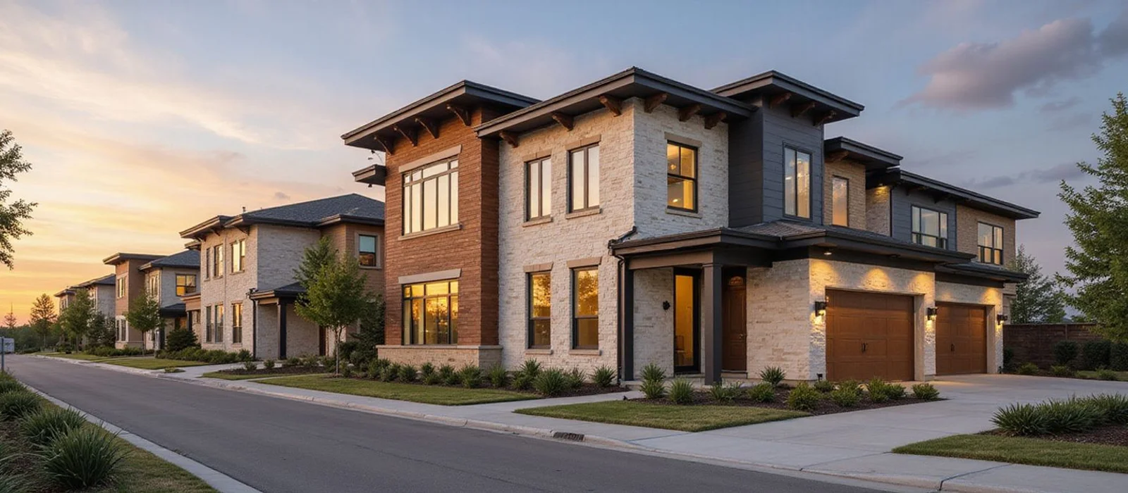 New two-story townhome-style apartments in south Grand Prairie at golden hour