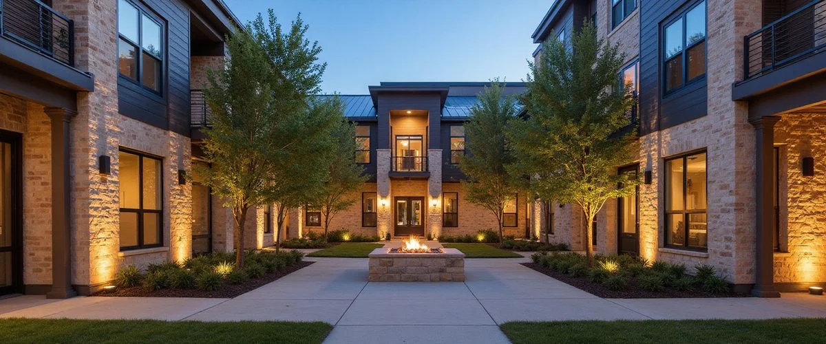 Courtyard of a new Fort Worth apartment community at dusk